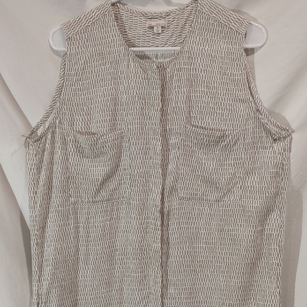 GAP | Button Front Shirt Dress Sleeveless Taupe White Pattern | M